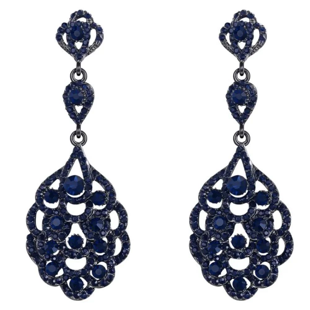 Gun Metal with Deep Blue Sapphire Austrian Crystal Dangling Clip On Earrings